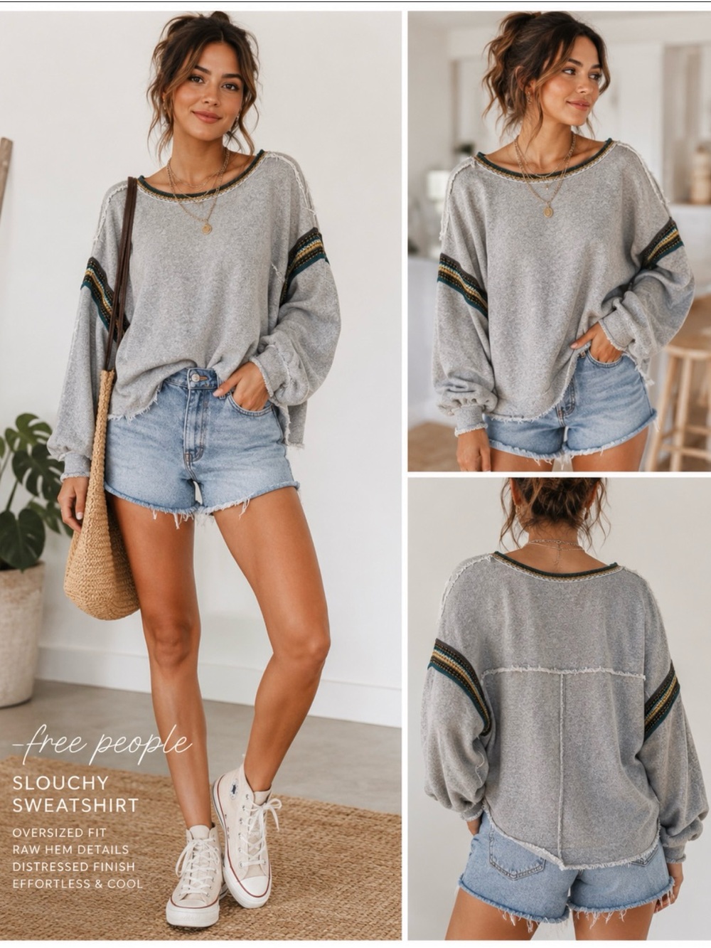 Free People Slouchy Sweatshirt Gray Oversized Raw Hem Boho Pullover XS/S